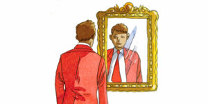 Portrait d'entrepreneur face à un miroir