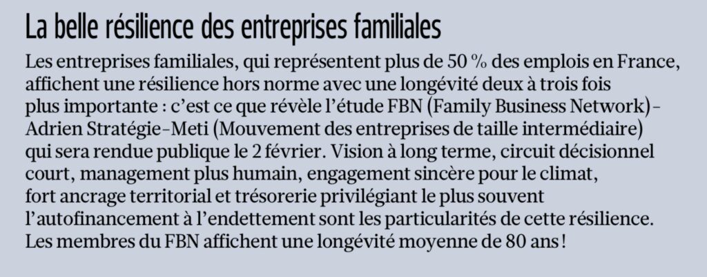 Article "la belle résilience des entreprises familiales" dans le journal Le Figaro daté du 30 janvier 2023