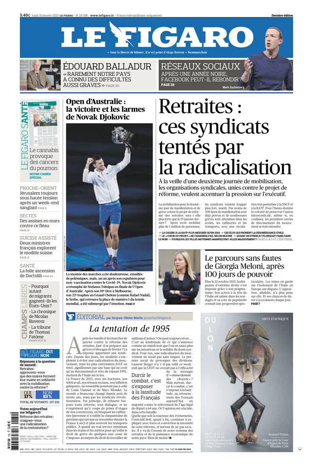 Couverture du journal Le Figaro daté du 30 janvier 2023
